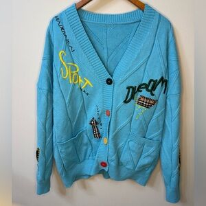 Ebossy Blue Patchwork “Sport Dream” Cardigan Sweater Size XL Quirky Artsy Knit